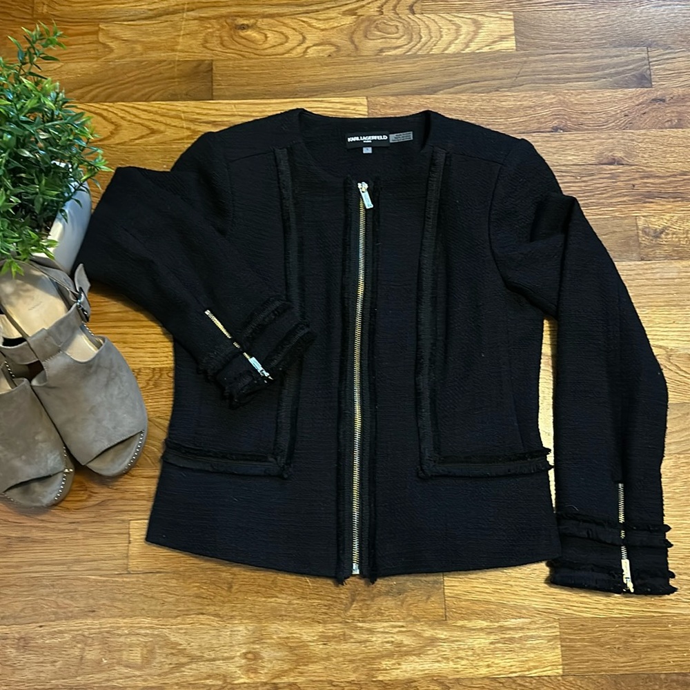 Karl Lagerfeld Paris Women 4 Tweed Black Long Sleeve Jacket Ruffle Fringe Work